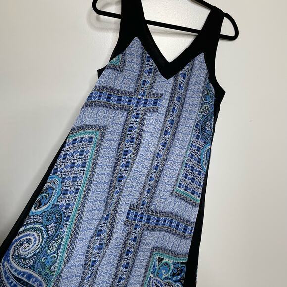 Paisley Midi Sz L Tank Dress Blue Black Handkerchief Hem Beach Boho Geometric - Picture 5 of 10
